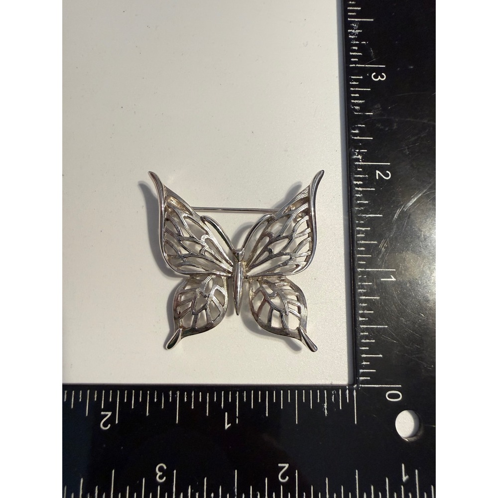 Vintage Trifari Silver Tone Butterfly Brooch Openwork Filigree Pin Signed Crown